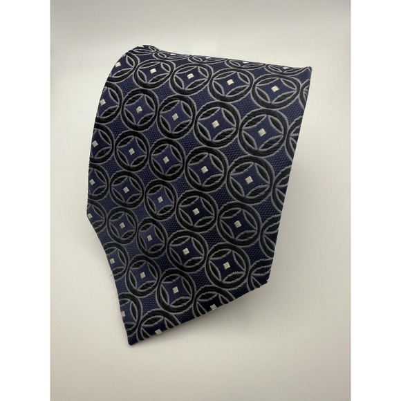 Boux Bon Silk Tie Mens Blue Gray Geometric Circle Pattern 100% Silk‎ Hand Made - Picture 1 of 5